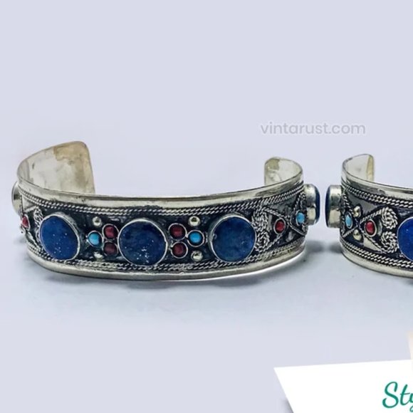 single Handmade Cuff Bracelet inlaid with Stones and Beads, Statement Cuff, Kuch - Picture 6 of 7